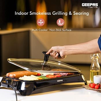 Geepas Gbg63040 1600W Electric Barbeque Grill Adjustable Thermostat Non Stick Smokeless Grill Indoor With Glass Lid Overheat Protection & On Indicator Light, Black