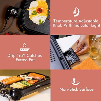 Geepas Gbg63040 1600W Electric Barbeque Grill Adjustable Thermostat Non Stick Smokeless Grill Indoor With Glass Lid Overheat Protection & On Indicator Light, Black