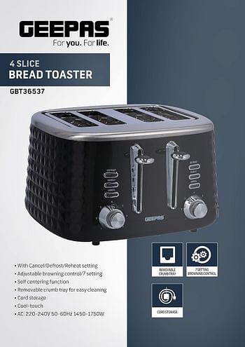 Geepas-Geepas 4 Slice Bread Toaster - Adjustable 7 Browning Control with Removable Crumb Collection Tray, Self-Centering| Perfect Sandwiches, Toast & More