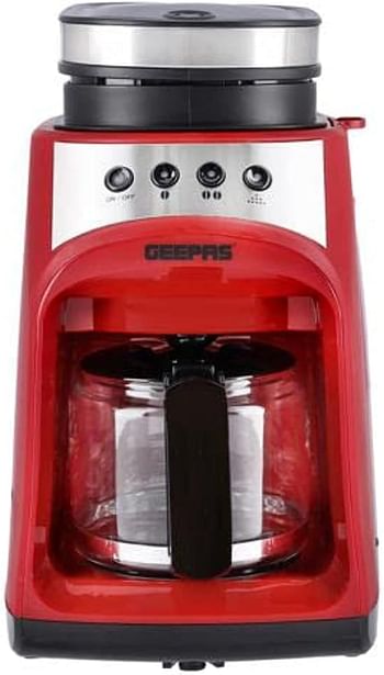 Geepas GCM41512 Grinder and Drip Coffee Maker, 0.6 Liter Capacity, Red