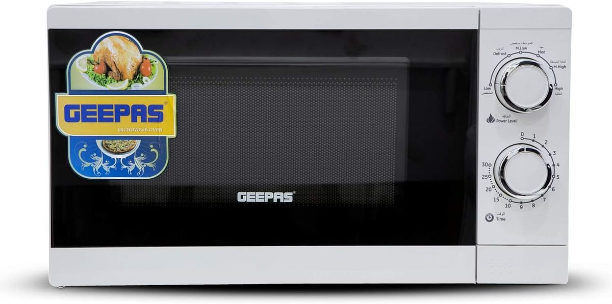 Geepas GMO1894 20L Microwave Oven | 1200W Solo Microwave with 6 Power Levels and a Timer | Cooking Power Control with 2 Rotary Dials & Defrost Settings | White