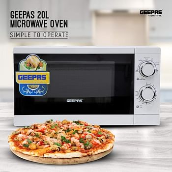 Geepas GMO1894 20L Microwave Oven | 1200W Solo Microwave with 6 Power Levels and a Timer | Cooking Power Control with 2 Rotary Dials & Defrost Settings | White