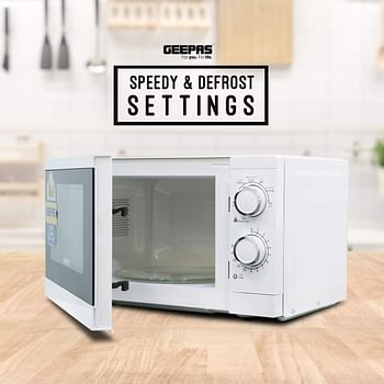 Geepas GMO1894 20L Microwave Oven | 1200W Solo Microwave with 6 Power Levels and a Timer | Cooking Power Control with 2 Rotary Dials & Defrost Settings | White