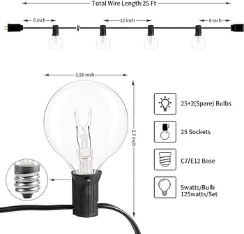 25FT G40 Globe String Light with 25 Clear Bulbs, Outdoor Market Lights for Outdoor and Indoor Decoration, Garden, Party, Wedding, Pergola, Backyard, Umbrella, Patio Outdoor Light String, Black