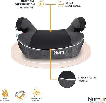 Nurtur Enzo Kids Booster Seat – Arm Rest - ISOFIX Fitting –  Universally Fit – Wide Cushioned Base - Suitable from 4 years to 12 years (Group 2/3), Black And Dark Grey (Official Nurtur Product)