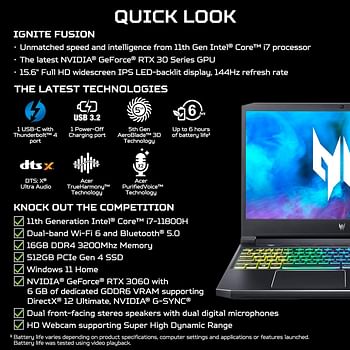Acer PREDATOR HELIOS 300 PH315-54-760S GAMING Core™ i7-11800H 512GB SSD 16GB 15.6" (1920x1080) 144Hz WIN10 NVIDIA® RTX 3060 6144MB BLACK Backlit Keyboard
