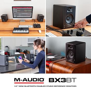 M-Audio BX4 BT 4.5 inch Bluetooth Multimedia Monitors pair 120W 1" Silk dome HF Driver, and Bluetooth pair, Black, BX4 PAIR BT, BX4PAIRBTXEU, Pair 4.5" Speakers