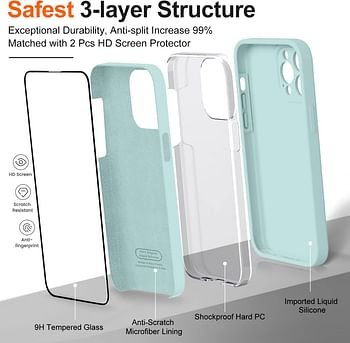 TISOOG Compatible with iPhone 14 Pro Max Case,with 2 Pcs 9H Tempered Glass Screen Protector, [Camera Protection][Microfiber Lining] Slim Liquid Silicone Case for iPhone 14 Pro Max, Mint