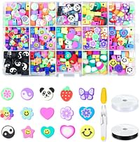 Necomi DIY Beads Set for Jewelry Making Kids, Necomi 300 Pcs Smile Face 10mm 15 Styles Clay Spacer Cartoon Fruit Flower Theme with 2 Roll Elastic Strings & Scissors