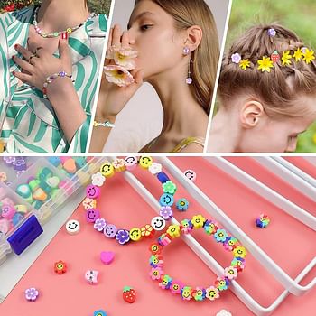 Necomi DIY Beads Set for Jewelry Making Kids, Necomi 300 Pcs Smile Face 10mm 15 Styles Clay Spacer Cartoon Fruit Flower Theme with 2 Roll Elastic Strings & Scissors