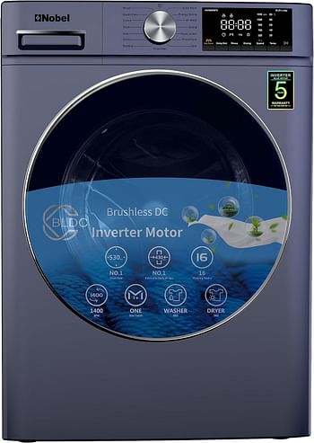 Nobel 8 KG Front Load, 5 KG Drying Capacity With 100% Dry Fully Automatic, 1400 RPM, LED Display, BLDC Inverter Motor, Washer-Dryer Combo 60 x 52 x 84.7 cm Dark Silver NWM860FS