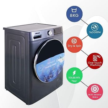 Nobel 8 KG Front Load, 5 KG Drying Capacity With 100% Dry Fully Automatic, 1400 RPM, LED Display, BLDC Inverter Motor, Washer-Dryer Combo 60 x 52 x 84.7 cm Dark Silver NWM860FS