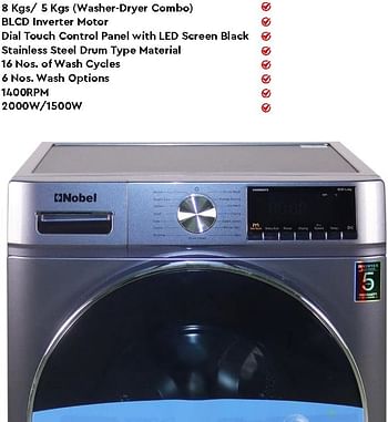 Nobel 8 KG Front Load, 5 KG Drying Capacity With 100% Dry Fully Automatic, 1400 RPM, LED Display, BLDC Inverter Motor, Washer-Dryer Combo 60 x 52 x 84.7 cm Dark Silver NWM860FS