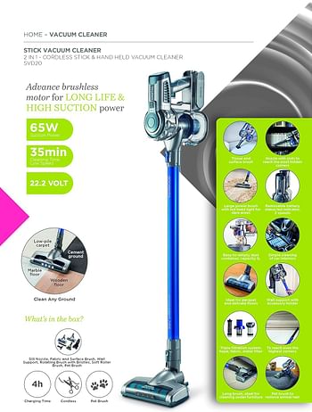 KENWOOD Cordless Vacuum Cleaner 2-in-1 Upright Stick Vacuum Cleaner + Handheld Vacuum Cleaner with 22.2V Li-ion Battery, 200W Suction Power, 35 Minutes Run Time for Multi Surface SVD20.000BL Blue