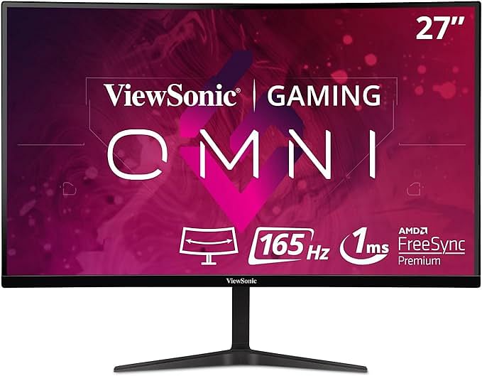 ViewSonic Vx2718-Pc-MHD 27-Inch 1080P Full HD Curved Gaming Monitor, 165Hz, 1Ms, Dual Integrated Speakers, Adaptive Sync, DisplayPort, 2X HDMI, For Home Entertainment And Gaming