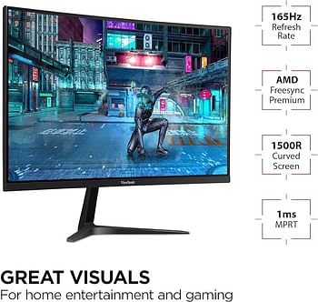 ViewSonic Vx2718-Pc-MHD 27-Inch 1080P Full HD Curved Gaming Monitor, 165Hz, 1Ms, Dual Integrated Speakers, Adaptive Sync, DisplayPort, 2X HDMI, For Home Entertainment And Gaming