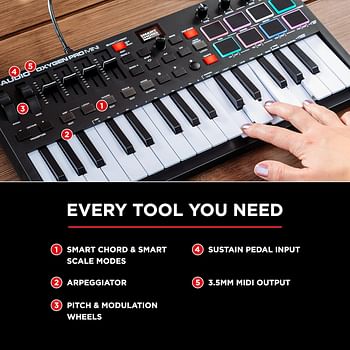 M-Audio Oxygen Pro Mini 32 Key USb Midi Keyboard Controller With Beat Pads, Midi Assignable Knobs, Buttons & Faders And Software Suite Included, Black