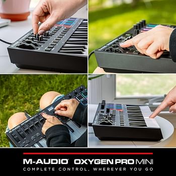 M-Audio Oxygen Pro Mini 32 Key USb Midi Keyboard Controller With Beat Pads, Midi Assignable Knobs, Buttons & Faders And Software Suite Included, Black