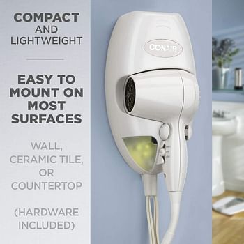 Conair Wall-Mount Hair Dryer, 1600W Blow Dryer with LED Night Light