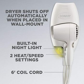 Conair Wall-Mount Hair Dryer, 1600W Blow Dryer with LED Night Light