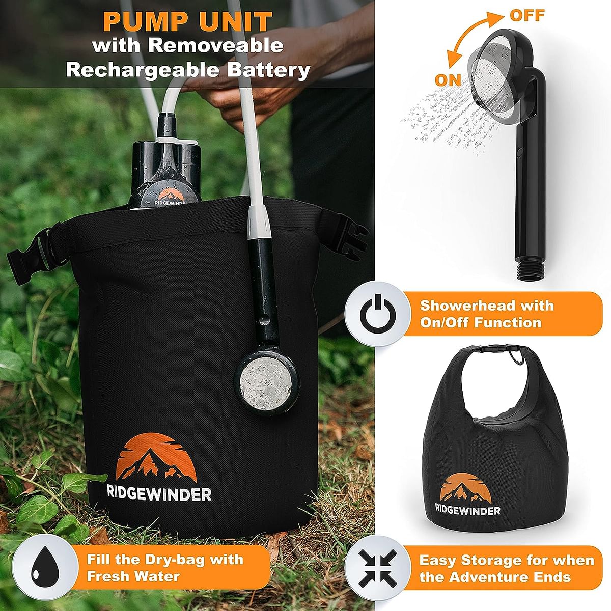 Ridgewinder Portable Shower for Camping with Dry Bag - Camp Shower with Rechargeable Battery and Included 10L Dry Bag for Water Storage. Complete Camping Shower in a Bag (+Sprayer Attachment).