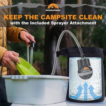 Ridgewinder Portable Shower for Camping with Dry Bag - Camp Shower with Rechargeable Battery and Included 10L Dry Bag for Water Storage. Complete Camping Shower in a Bag (+Sprayer Attachment).