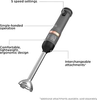 بلاك اند ديكير عصا المطبخ تتضمن خلاط وحدة طاقة 7.2 فولت 700 مل كوب قياس وقاعدة شحن مع كابل مغناطيسي لخفق الحليب ومطحنة التوابل وفتاحة النبيذ وفتاحة علب