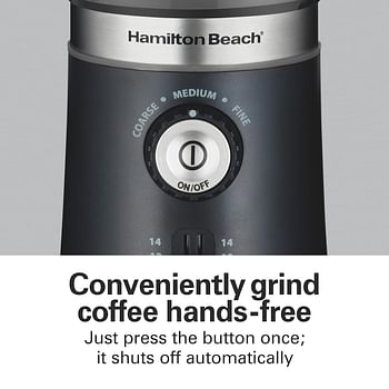 هاملتون بيتش مطحنة قهوة مخصصة للحبوب/التوابل، 5 اعدادات مقاسات خشنة الى دقيقة، سعة 4 الى 14 كوب قهوة، وعاء من الستانلس ستيل لسهولة الصب والتنظيف، 80393R-ME