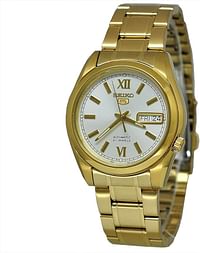 Seiko SNKL58K1 Men's Seiko 5 Gold Tone Stainless Steel Case and Bracelet White Tone Dial Day and Date Watch