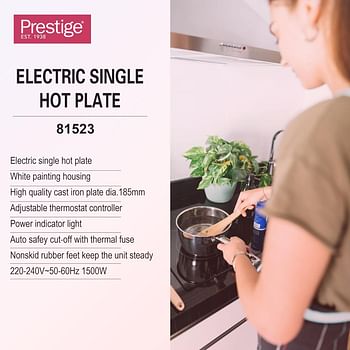 Prestige Electric Hot Plate - Single Burner Stove with Adjustable Temperature Control and Overheat Protection for Cooking Convenience PR81523 - White