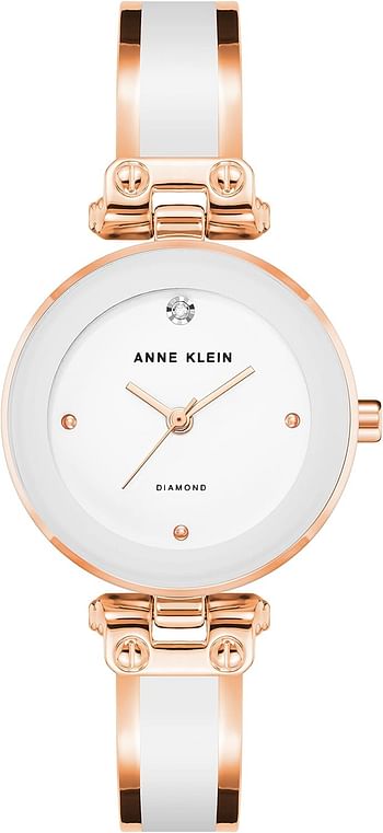 Anne Klein Women Genuine Diamond Dial Bangle Watch Quartz Movement - White, Rose Gold