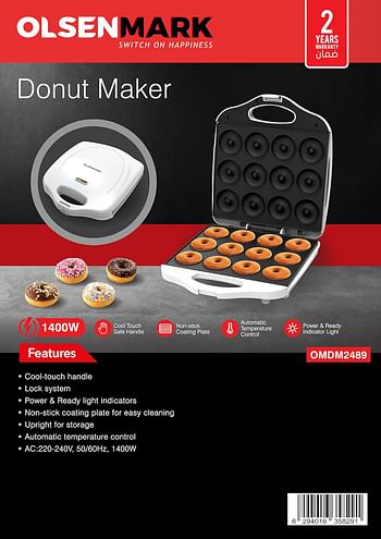 Olsenmark Donut Maker, Mini Donut Maker 12 At A Time, Omdm2489 Non-Stick Coating Plate Cool Touch Handle Automatic Temperature Control Lock System Upright Storage, White