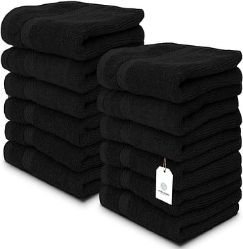 White Classic Luxury Cotton Washcloths - Makeup Removal Face Towel Set | 12 Pack | Black