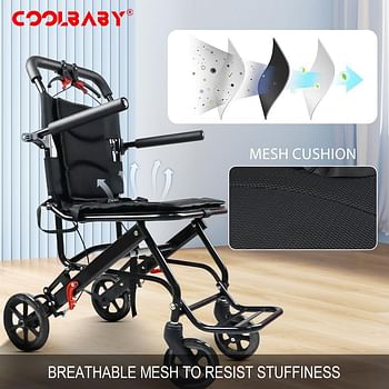 COOLBABY Aircraft Wheelchair. Travel Wheelchair. Ultra-light Aluminum Alloy Wheelchair. Portable Folding Wheelchair. Elderly Disabled Scooter(with storage bag)