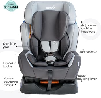 MOON Sumo Car Seat – Birth to 6yrs Baby Travel Gear – Convertible Rear & Forward-Facing Booster Seat – Reclining Car Seat for Group 0-1-2 – Child Comfort Car Accessories – Grey