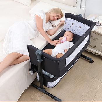 SKADE Bedside Baby Crib 3 in 1 Folding Baby Bassinet with Mosquito Net, Mattress Included, Height Adjustable Travel Crib, Nursery Bed for Infant, Newborn, Baby Boys & Girls (Gray)