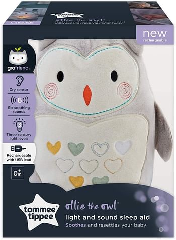 Tommee Tippee Grofriend Ollie the Owl Baby Sound and Light Sleep Aid, USB-Rechargeable, Soothing Sounds, Lullabies and White Noise, CrySensor and Nightlight