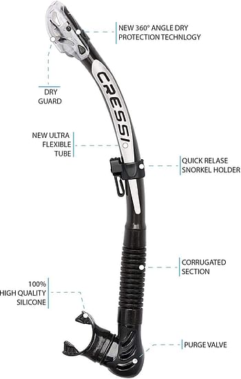 Cressi Foldable Adult Dry Snorkel for Scuba Diving, Snorkeling , Alpha Ultra Dry Made in Italy