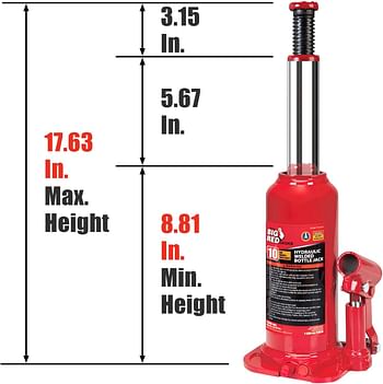 BIG RED T90603B Torin Hydraulic Welded Bottle Jack, 6 Ton - 12,000 Lb Capacity - Red