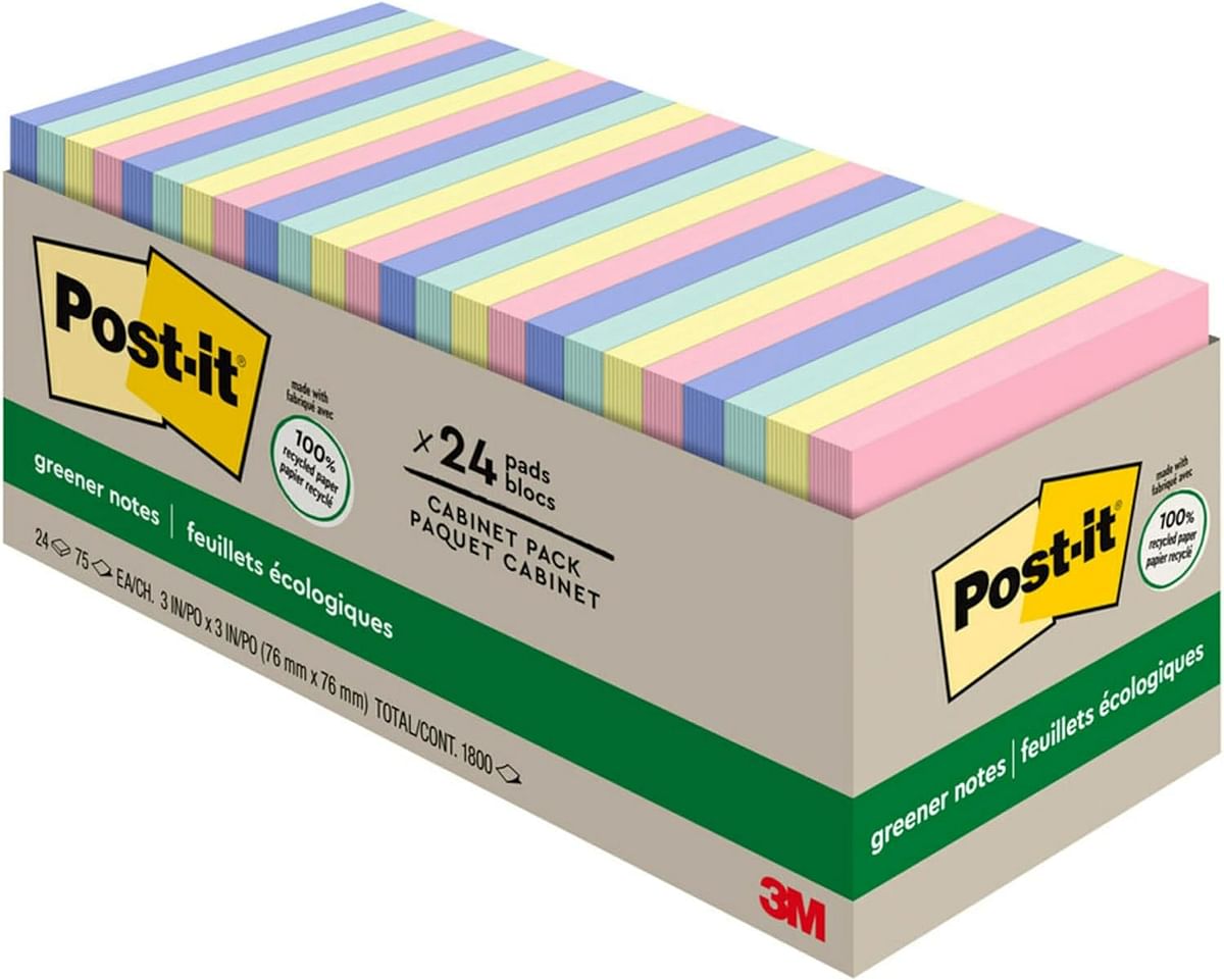 Post-it Greener Notes, 3x3 in, 24 Pads, America's #1 Favorite Sticky Sweet Sprinkles Collection, Pastel Colors, Clean Removal, 100% Recycled Material (654R-24CP-AP)