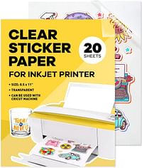 90% Clear Sticker Paper for Inkjet Printer (20 Sheets) - Glossy 8.5 x 11 - Printable Vinyl Sticker Paper for Cricut - Printable Sticker Paper - Transparent - Adhesive - Clear Sheets - Clear Labels