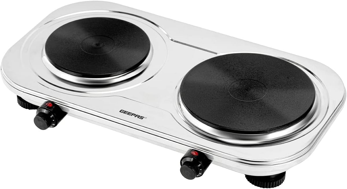 Geepas 2500W Stainless Steel Double Hot Plate – Portable Electric Hob Double Burner with Adjustable Temperature Control, Cast Iron