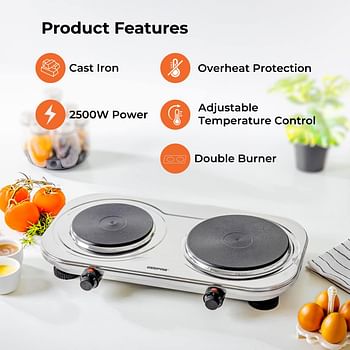 Geepas 2500W Stainless Steel Double Hot Plate – Portable Electric Hob Double Burner with Adjustable Temperature Control, Cast Iron