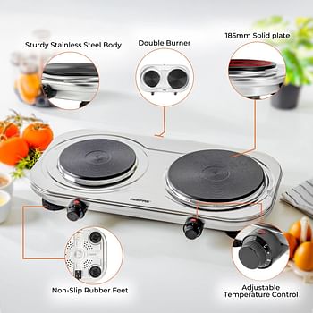 Geepas 2500W Stainless Steel Double Hot Plate – Portable Electric Hob Double Burner with Adjustable Temperature Control, Cast Iron