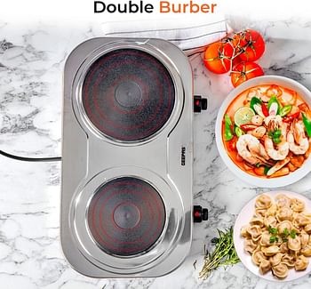 Geepas 2500W Stainless Steel Double Hot Plate – Portable Electric Hob Double Burner with Adjustable Temperature Control, Cast Iron