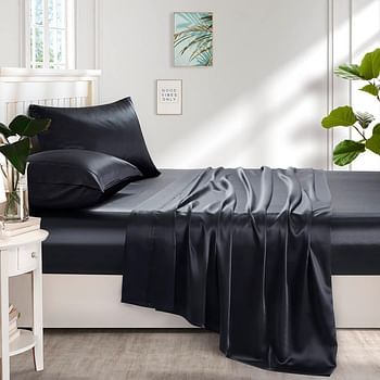Lanest Housing Silk Satin Sheets, 3-Piece Twin Size Satin Bed Sheet Set with Deep Pockets, Cooling Soft and Hypoallergenic Satin Sheets Twin - Black