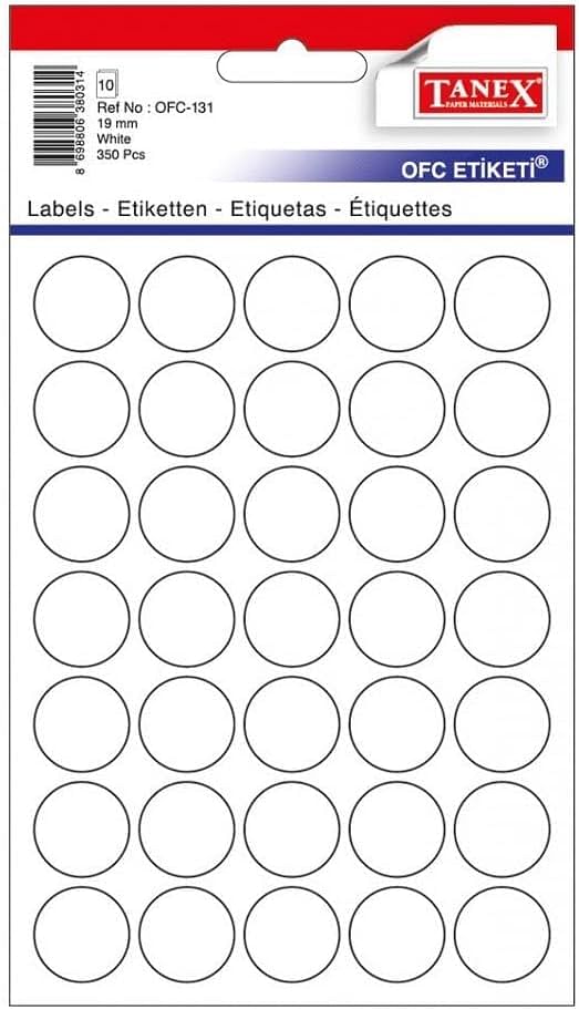 تانكس نقاط الترميز OFC 131 مقاس 19 ملم قطر الالوان 10 ورقات 350 ملصق/عبوة ابيض