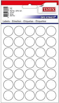 TANEX Coding Dots OFC 131 Size 19 mm Diameter Colours 10 Sheets 350 Labels/Pack white
