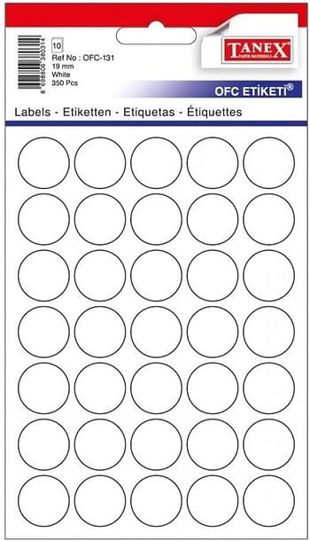 TANEX Coding Dots OFC 131 Size 19 mm Diameter Colours 10 Sheets 350 Labels/Pack white