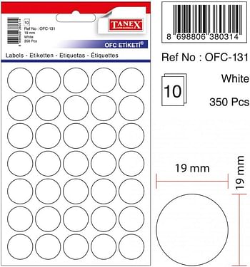 TANEX Coding Dots OFC 131 Size 19 mm Diameter Colours 10 Sheets 350 Labels/Pack white